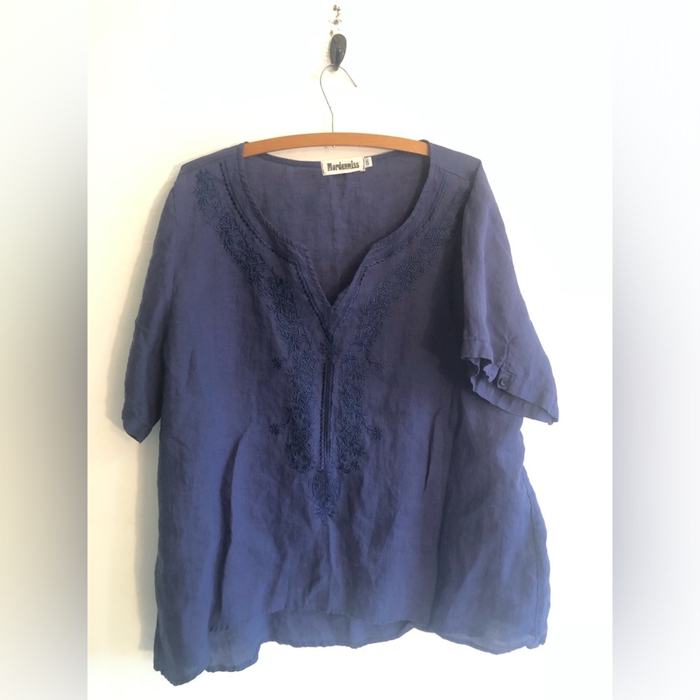 MORDENMISS LAGENLOOK Blouse Women's 2XL Blue 100% Linen Lagenlook Cottagecore